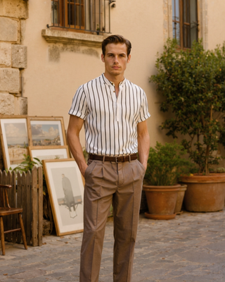 Men’s Striped Short Sleeve Shirt | Buttonless Collar