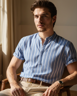 Men’s Striped Short Sleeve Shirt | Buttonless Collar